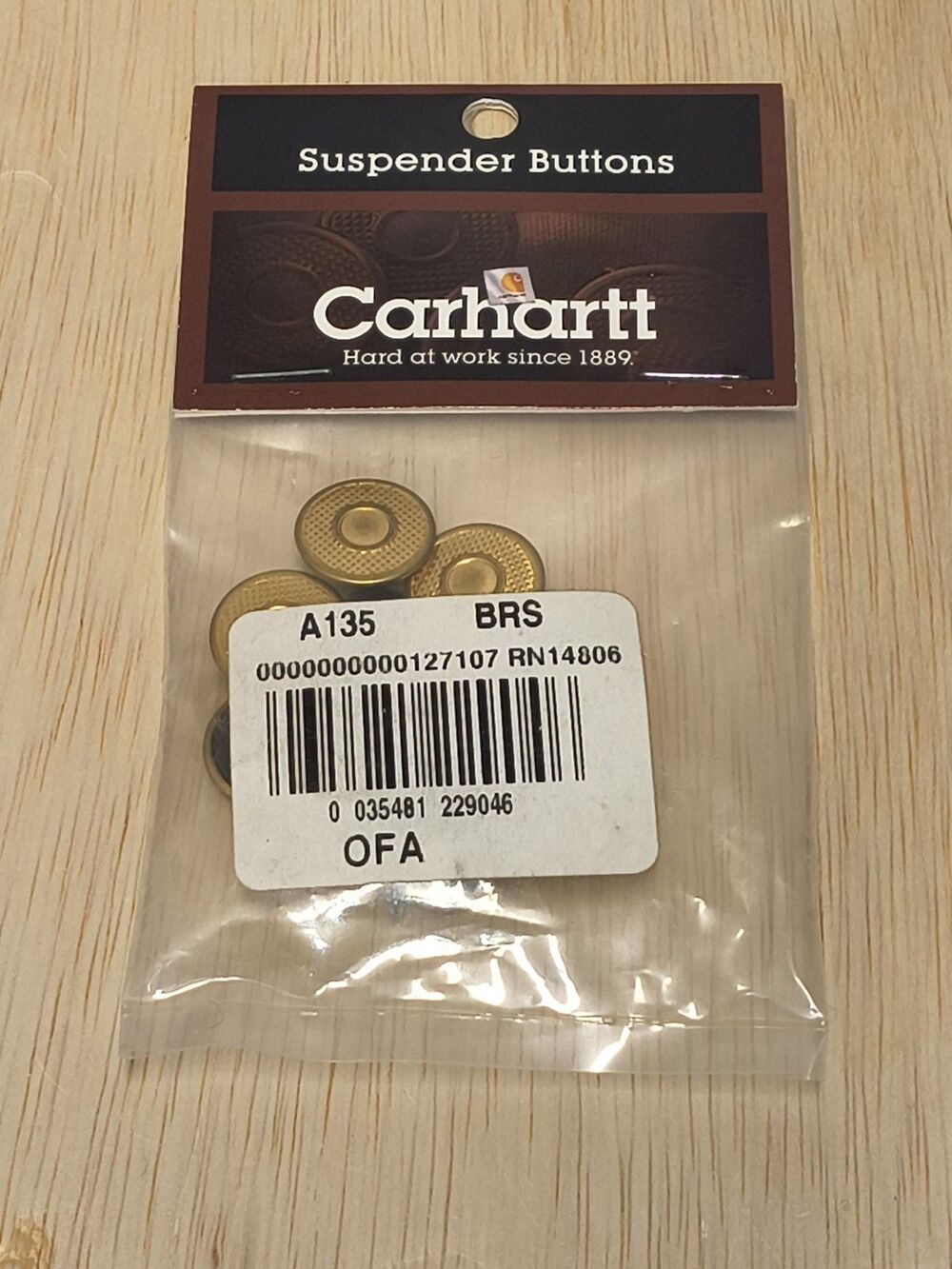 Carhartt Suspender Buttons A135 BRS Brass Finish Hammer On Tack Buttons RN NOS